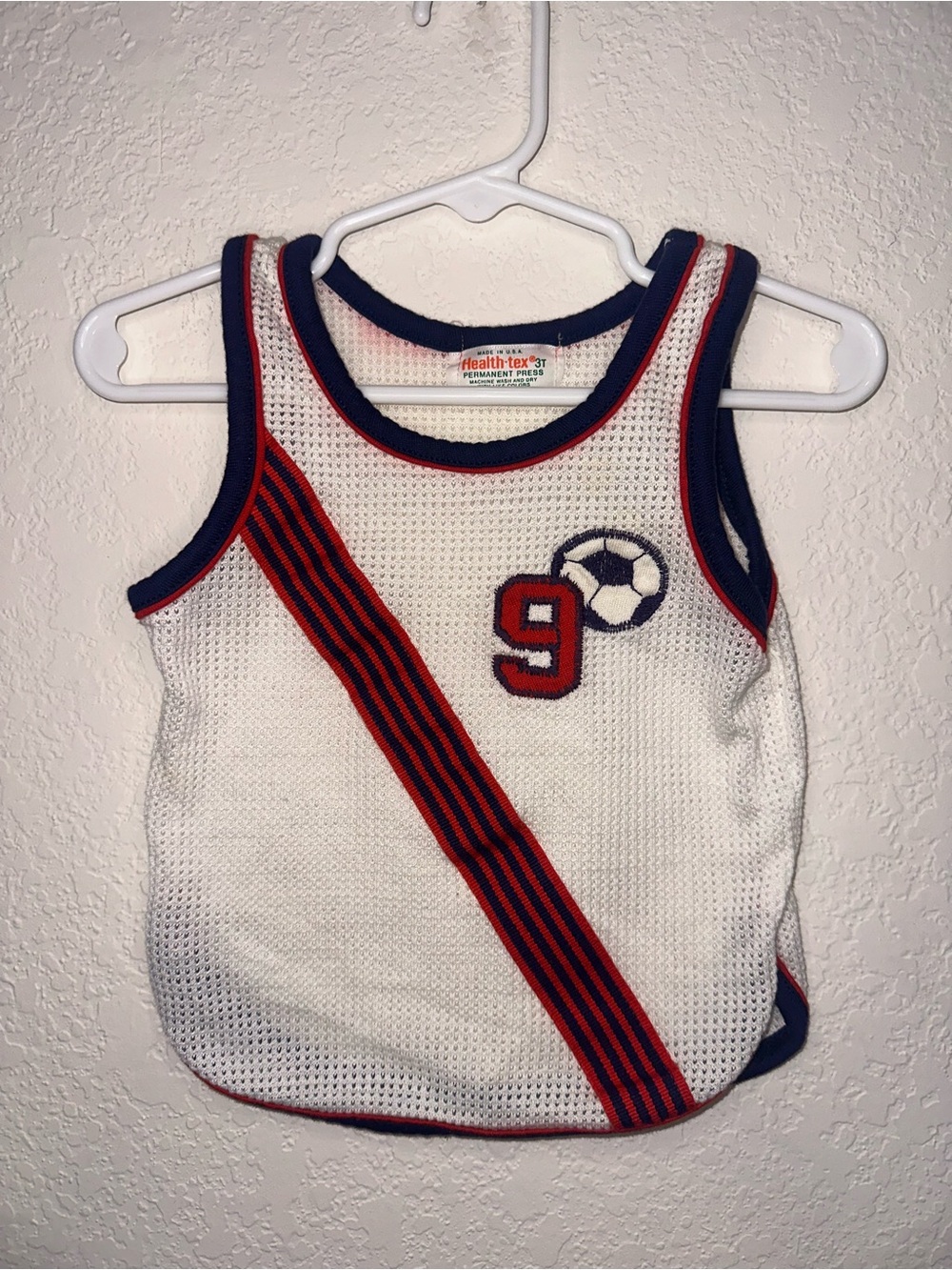 Vintage Healthtex White Mesh Sports Tank with Red & Navy Stripe -Soccer Patch 3T